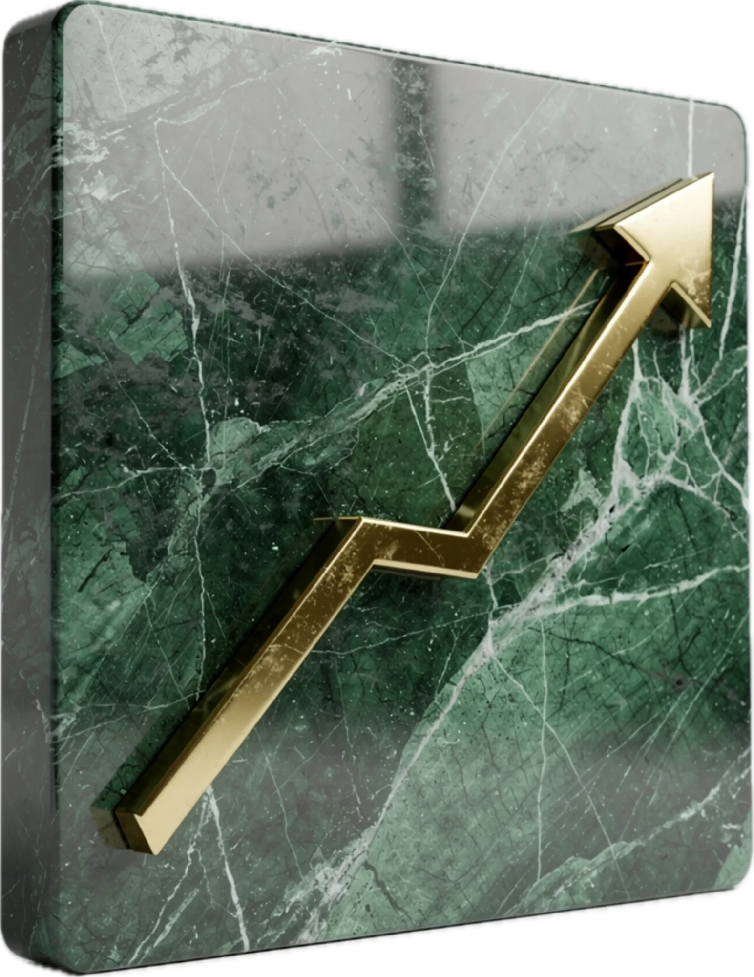 A polished green marble block inlaid with a rising golden arrow